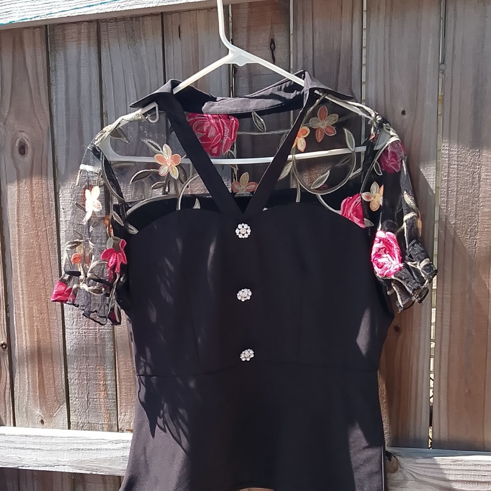 Whimsyygoth Black Mesh Floral Embroidered Blouse Puff Sleeves Sweetheart Peplum - Picture 7 of 10